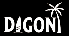 Logo von Dagon, stylisierte Schrift mit Palmen, auf schwarzem Hintergrund